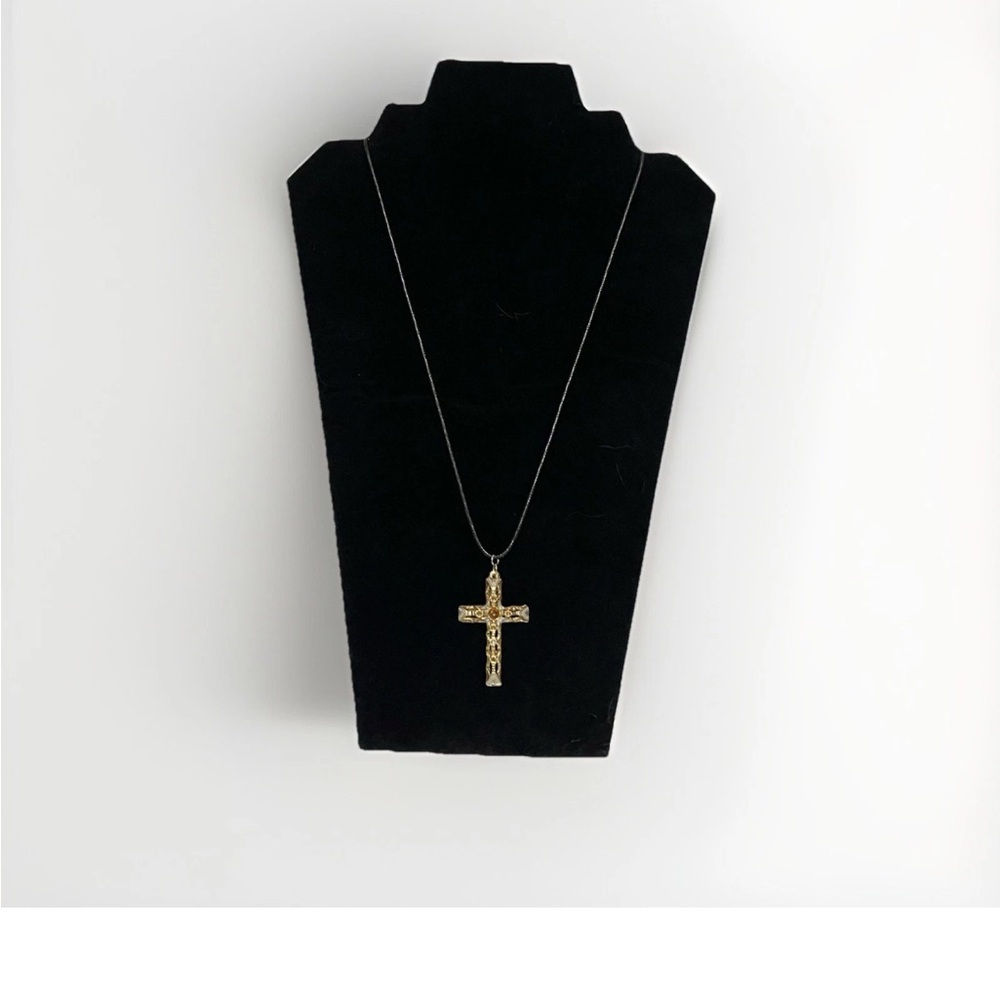 Handmade Pendants Gold cross necklace with black leather cord